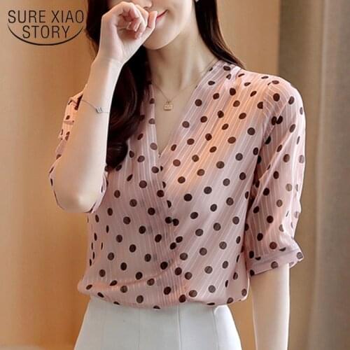 Summer Womens Shirts Office Lady Short Sleeve Pullover Ladies Blouses New Korean Style V Neck Polka Dot Blouse Women 9025 50