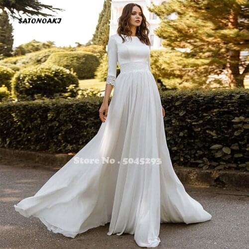 Modest Satin and Chiffon A-Line Wedding Dress 2021 Elegant Three Quarter Sleeve O-Neck Bridal Gowns Custom Made Robe De Mariée