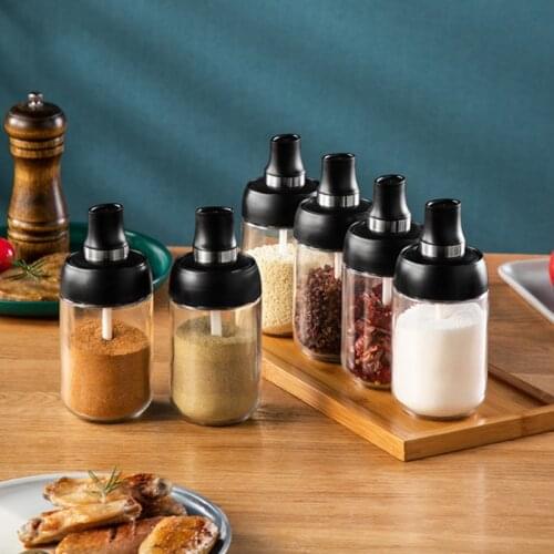 Glass Spice Box Spoon and Lid Integrated Spice Jar Combination Seasoning Jar Kitchen Supplies Home Salt Shaker Oil Bottle Set