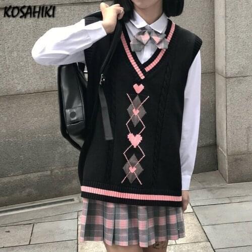 KOSAHIKI Vintage Y2k Vest Women Street-wear V-neck Tops Sleeveless Sweaters Students Korean-style Loose Casual Fashion Waistcoat