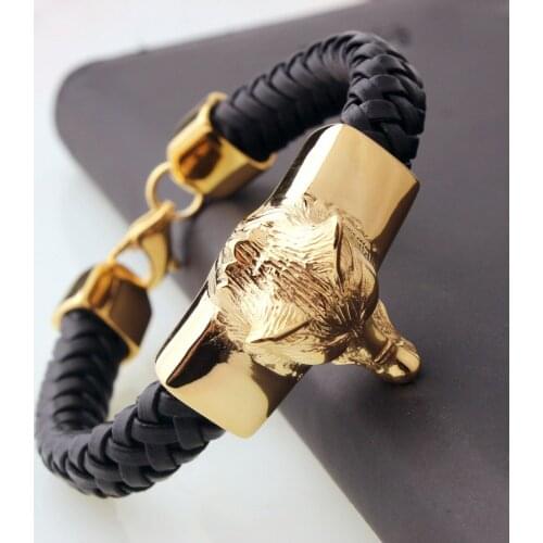 High Quality Black Genuine Leather Woven Wolf Head Bracelet Chain Cuff Bangle Stainless Steel Golden Tone Mens Boys Punk Jewelry