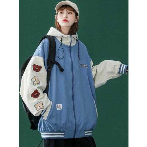 Nice Womens Harajuku Baseball Jacket High School Loose Zipper Loose Vinatge Oversized Jakcet Single Breasted Long Sleeve Coat
