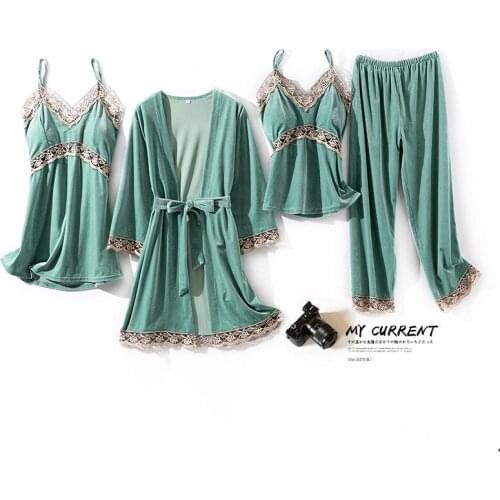 4 Pieces Women Velvet Pajamas Sets Sling Sexy Lace V-neck Sleepwear Winter Autumn Pyjama Chest Pad Wine Red Robe Nightwear
