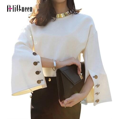 2019 Korean Autumn Flare Sleeve Split O-neck Women Sweaters and Pullovers Office Lady Long Sleeve Sweater Tops Clothes Plus Size