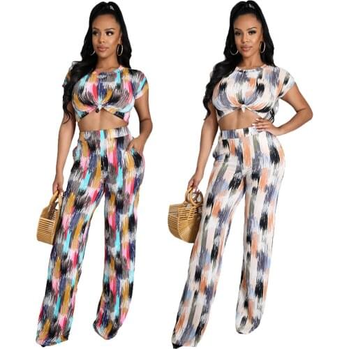 Women Office Lady Two-piece Set O-neck Short Sleeve Tops Elastic Waist Wide-leg Pants Suit High Quality Multicolor Print 2PC Set