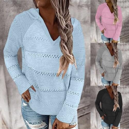 4@ 2020 Autumn V Neck Patchwork Hooded Sweater Women Long Sleeve Knitted Sweater Top Winter Striped Elegant Pullover Jumpers