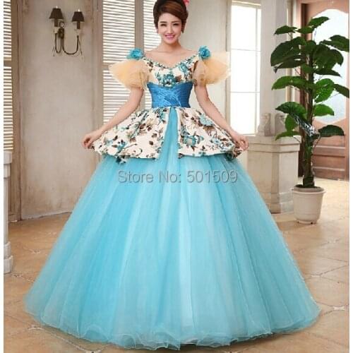 Womens light blue full ruffles sleeve long medieval dress Renaissance costume Victorian Gothic Lol/Marie Antoinette Belle Ball