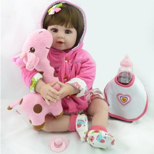 20 inch 52cm Bebe Doll Reborn Soft Silicone Girl Toy Pink Reborn Baby Doll with Plush Giraffe Toy