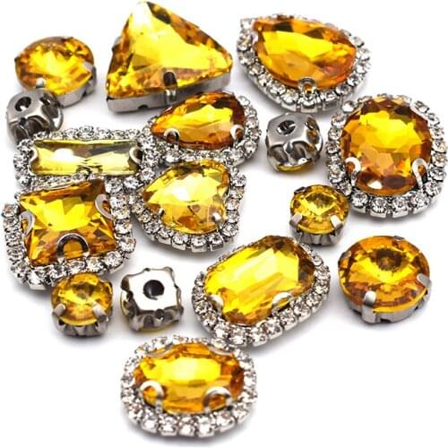 Shining Yellow Claw Glass Rhinestones Mixed Crystal Buckle with Silver Metal Base,DIY Garment Bag Nails Decor Loose Sew Gems