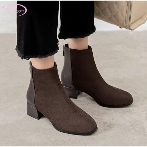 Casual style round toe flock ankle boots zipper color matching black brown medium with thick heel riding boots womens shoes