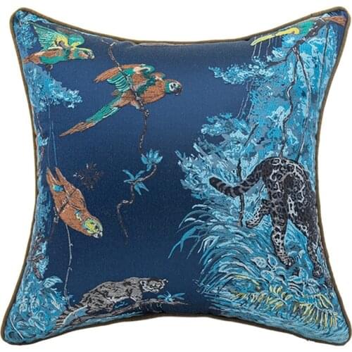 DUNXDECO Cushion Cover Decorative Pillow Case Vintage Chinese Style Forest Animal Collection Luxury Embroidery Blue Coussin