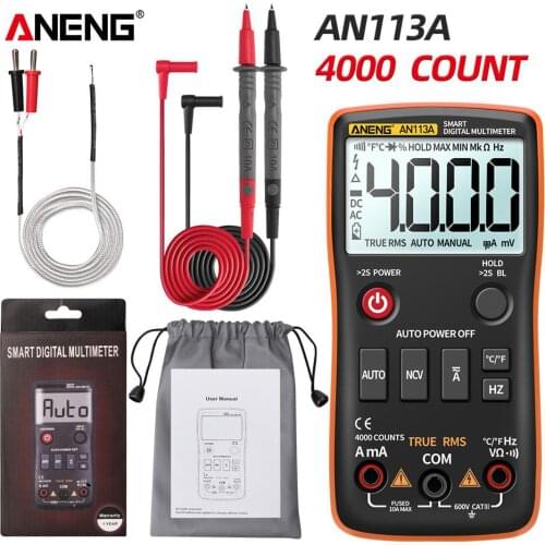 ANENG AN113A Digital Multimeter True RMS with Temperature Tester 4000 Counts Auto-Ranging AC/DC Transistor Voltage Meter