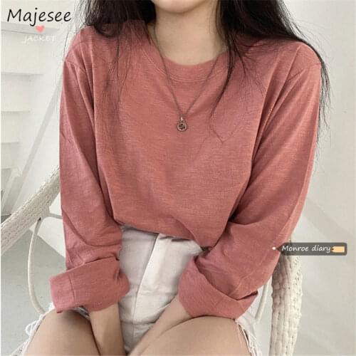 T-shirts Women Solid Basic Simple Long Sleeve New Korean Style All-match Leisure Daily Classic Multiple Colour Ulzzang Female