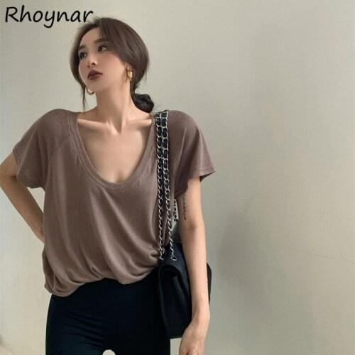 Short Sleeve T-shirts Women Simple Solid Summer Thin Office Lady Korean Style Leisure Loose All-match Students Female Tops Chic