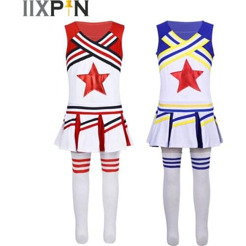 IIXPIN Kids Girls Cheerleader Costume Outfit Sleeveless Red Star Applique Tops with Skirt and Socks Dancewear Halloween Cosplay