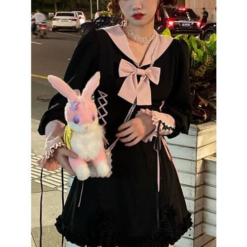 Kawaii Lolita Dress Women Autumn 2021 Sweet Cute Korean Fashion Party Mini Dresses Bow Casual Japanese Pretty Princess Dresses