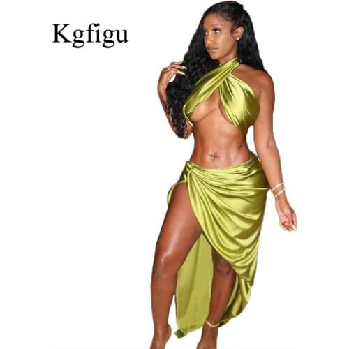 KGFIGU Satin Fashion Vacation 2 Piece Sets Women Outfits Halter Neck Tank Tops Ladies Casual Backless Split Skirts Matching Suit