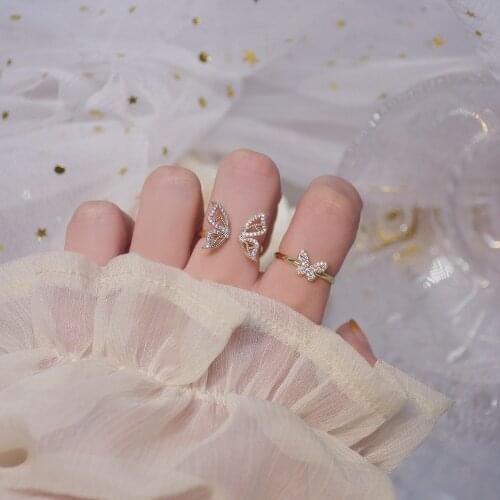 Korean Version Of 14K Real Gold Hollow Size Butterfly Wing Open Ring Can Be Adjusted Inlaid Zircon Jewelry Gift Female