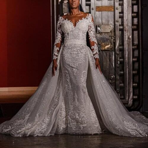 Newest Detachable Train Mermaid Wedding Dresses Scoop Neck Full Sleeve Sequin Wedding Gowns Appliques Tulle Train Bridal Dresses