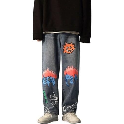 New Jeans Women Harajuku Man Jeans Cartoon Pattern Print Jeans Vintage Graffiti Jeans Loose High Waist Wide Leg Pants Cotton