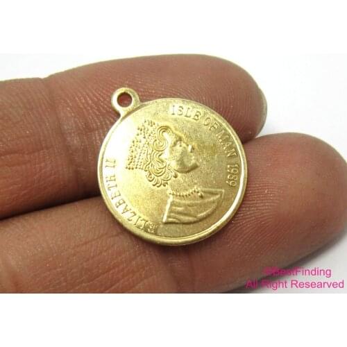Brass pendant coin charms 18mm Elizabeth II Raw brass Pound pendant -6pcs R436