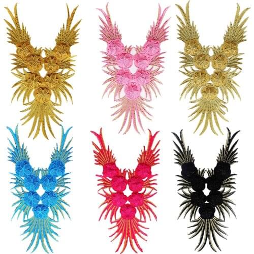 3D Beaded Rhinestones V Neck Collar Applique Patches Iron on Lace Motif Dance Patches 1 piece