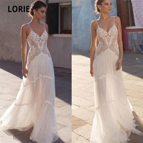 LORIE Bohemia Wedding Dresses Lace 2020 V-neck Spaghetti Straps Sleeveless Soft Tulle Beach Bridal Gown Vintage Marriage Gowns