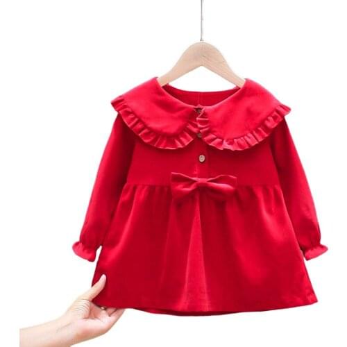Spring Fall Kids Clothes baby Grils Princess Dress Long sleeve Bow doll collar Cotton corduroy Girls Dress red pink 1 2 3 4 5 6T