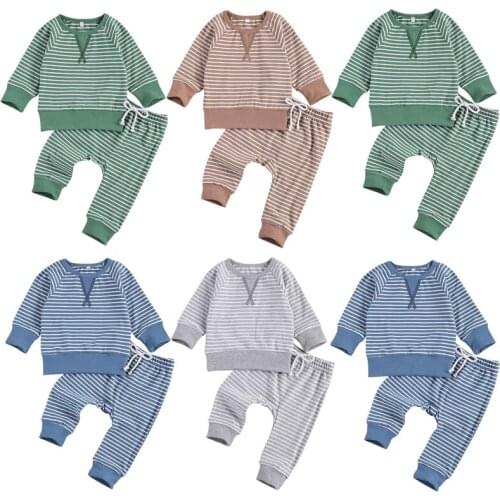 Wallarenear 0-24M Newborn Baby Boy Girl Casual 2Pcs Autumn Clothing Set Long Sleeve O-Neck Cotton Top Striped Printed Pant