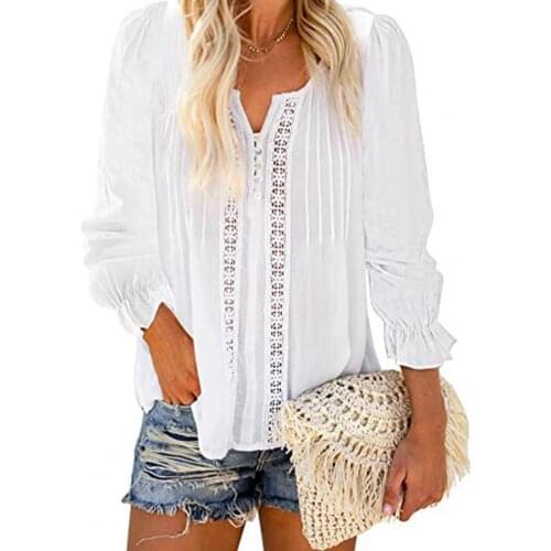 Women T-Shirts Office Lady Shirt Lace Patchwork Little V Neck Solid Color Lantern Long Sleeve Buttons Casual Loose Streetwear