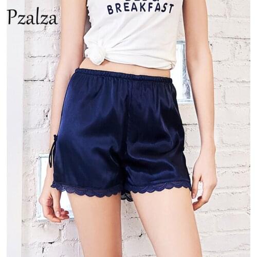 Women Faux Silk Summer Nightwear Sleep Bottoms Elastic Waist Lace Shorts Sexy Women Sleep Shorts Homewear Blue Red Black