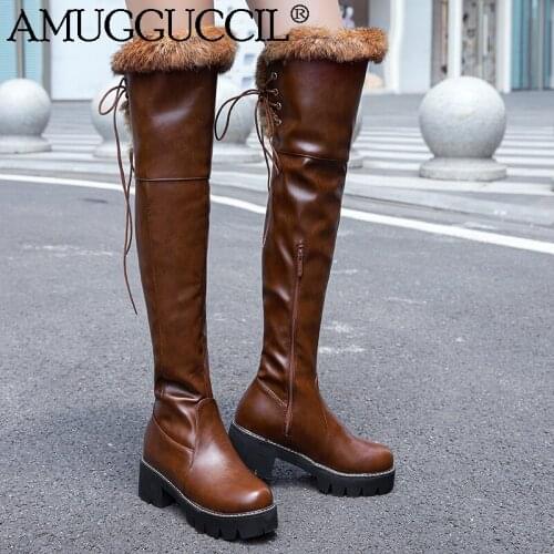 2020 New Plus Big Size 33-43 Black White Brown Lace Up Over The Knee Thigh High Lady Winter Warm Fur Women Snow Boots X1941