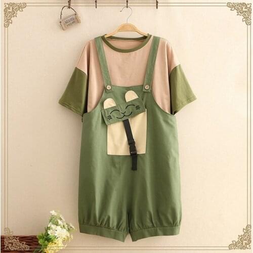 Summer Kawaii Women Rompers and Jumpsuit Japanese Mori Girl Cute Cat Embroidery Shorts T Shirt Green Casual Overalls 2 Piece Set