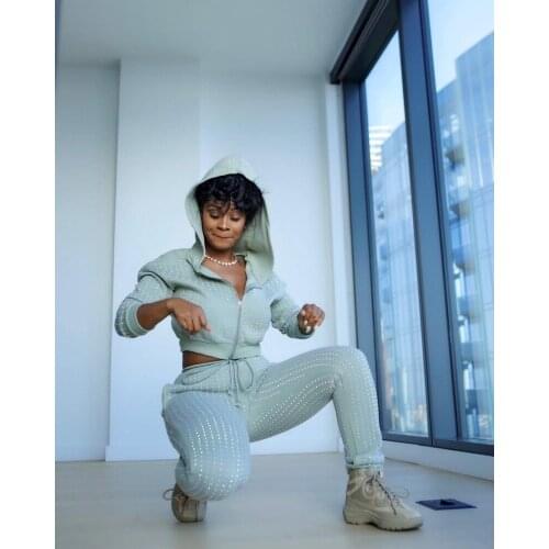 Women Dot Sequined Hoodie Cardigan Sweatpants Two Piece Set Women Solid Stretchy Casual Streetwear Autumn Winter Fleece Clothing