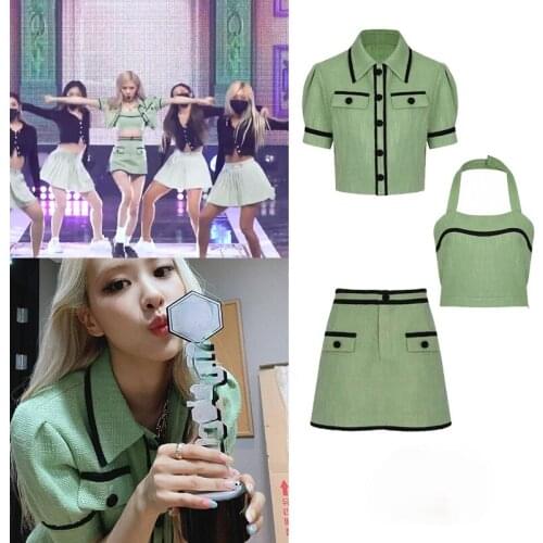 Kpop Korean ROSE Slim Strapless Sling Vest Lapel Short Sleeve Shirts BLouses Tops+Casual High Waist A-Line Mini Skirts Women Set