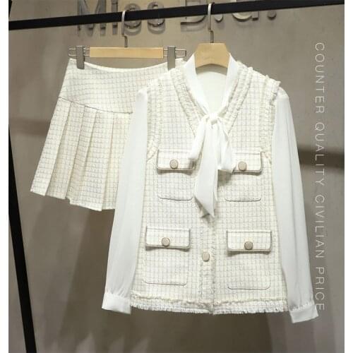 2021 Spring Fashion New Women White Shirt Blouse + Tweed Vest + Pleated Skirt 3 Piece Sets Ladies Casual Suits