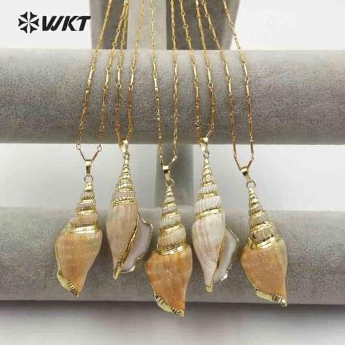 WT-JN044 Women Sea Shell Jewelry Natural Trumpet Conch Shell With Gold Trim On Top Pendant Inlay 18'' Inch Bamboo Necklace