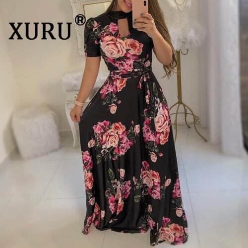 XURU summer new womens digital print dress style big dress long dress high collar short-sleeved bohemian beac S-3XL-5XL
