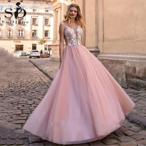 SoDigne Pink Wedding Dress V neck Tulle Lace Appliques Bridal Gown Sexy Backless Beach Wedding Dress Plus Size Custom Made