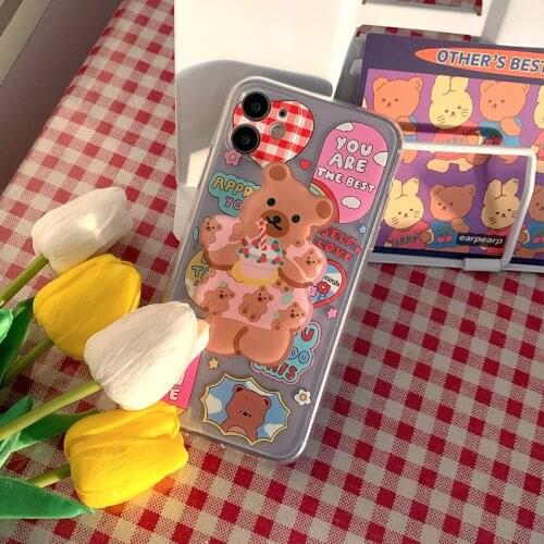 Luxury 3D Cartoon Bear Stand Holder Phone Case For iPhone 12 11 Pro XR X XS MAX SE 2020 7 8 Plus Soft TPU Transparent Phone Case