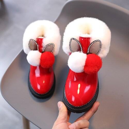 Rabbits Ears Boots Girls Leather Toddler Winter Boots Warm Fur Shoes for Girl Bow Band Baby Snow Boots Kids Footwear