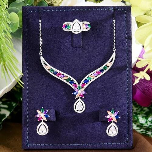 GODKI Spring Multicolor Collections 3PCS Waterdrop Jewelry Sets For Women Wedding Party cubic Zircon Dubai Bridal Necklace Ring