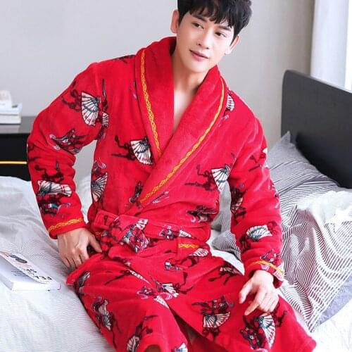 H5958 Men Warm Robes Male Winter Long Sleeve Bathrobe Homewear Plus Thickened Coral Velvet Comfortable Soft Plus Size Sleepwear