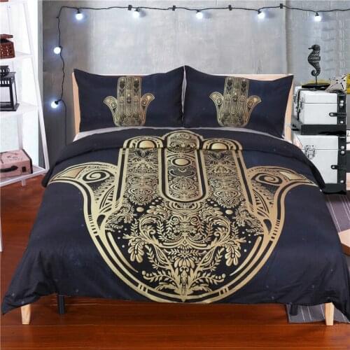 Hamsa Hand Duvet Cover With Pillowcase Black and Golden Bedding Set ,Bohemian Soft Microfiber Quilt Cover Set 3Pcs,Queen Bedding