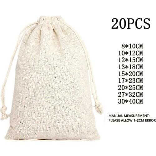 20pcs Cotton Muslin Wedding Party Favor Christmas Bags Pouch Storage bag unbleached drawstring closure Jewelry Rings Gift pack