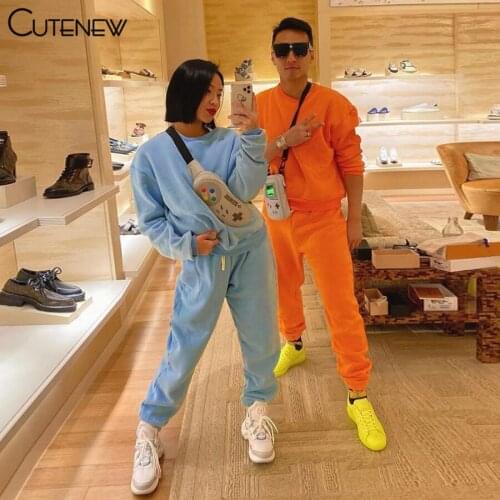 Cutenew Harajuku Letter Printing Two Piece Set Women Outfits Flocking Casual Loose Simple Long Sleeve Top+Sporty Pants Lady Suit