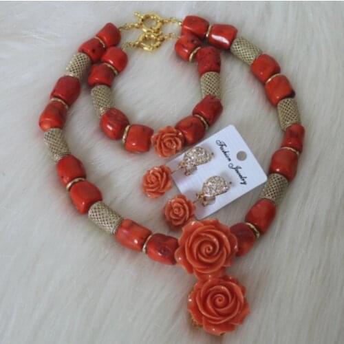 4UJewelry African Coral Beads Bridal Jewelry Set Flowers Costume Choker Necklace Set Gold Dubai Jewellery Set For Edo Traditional Bridal Jewellery Set Free Shipping 2019 Trendy Women Celebrity Party Jewelery Set 3 PCS