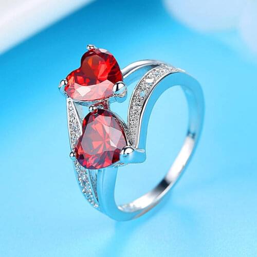 Fashion Red Blue Heart Tricolor Zirconia Crystal Ring Girlfriend Birthday Present Glamour Couple Double Love Party Ring Jewelry