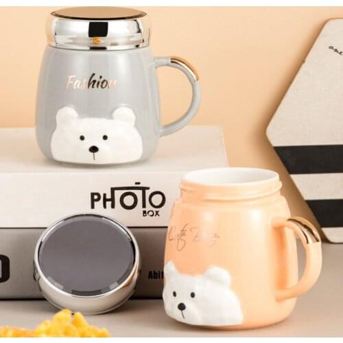 Cartoon Cute Mugs High Temperature Resistant Water Cup Creativity Bear Ceramic Mirror Cups Personality Couple Cup with Cover