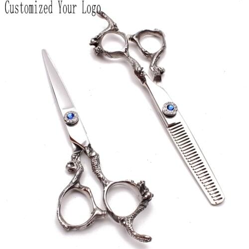 6" 17.5cm Customize Logo 440C Shiny Salon Hair Scissors Hairdressing Scissors Cutting Shears Thinning Shears Dragon Handle C9003